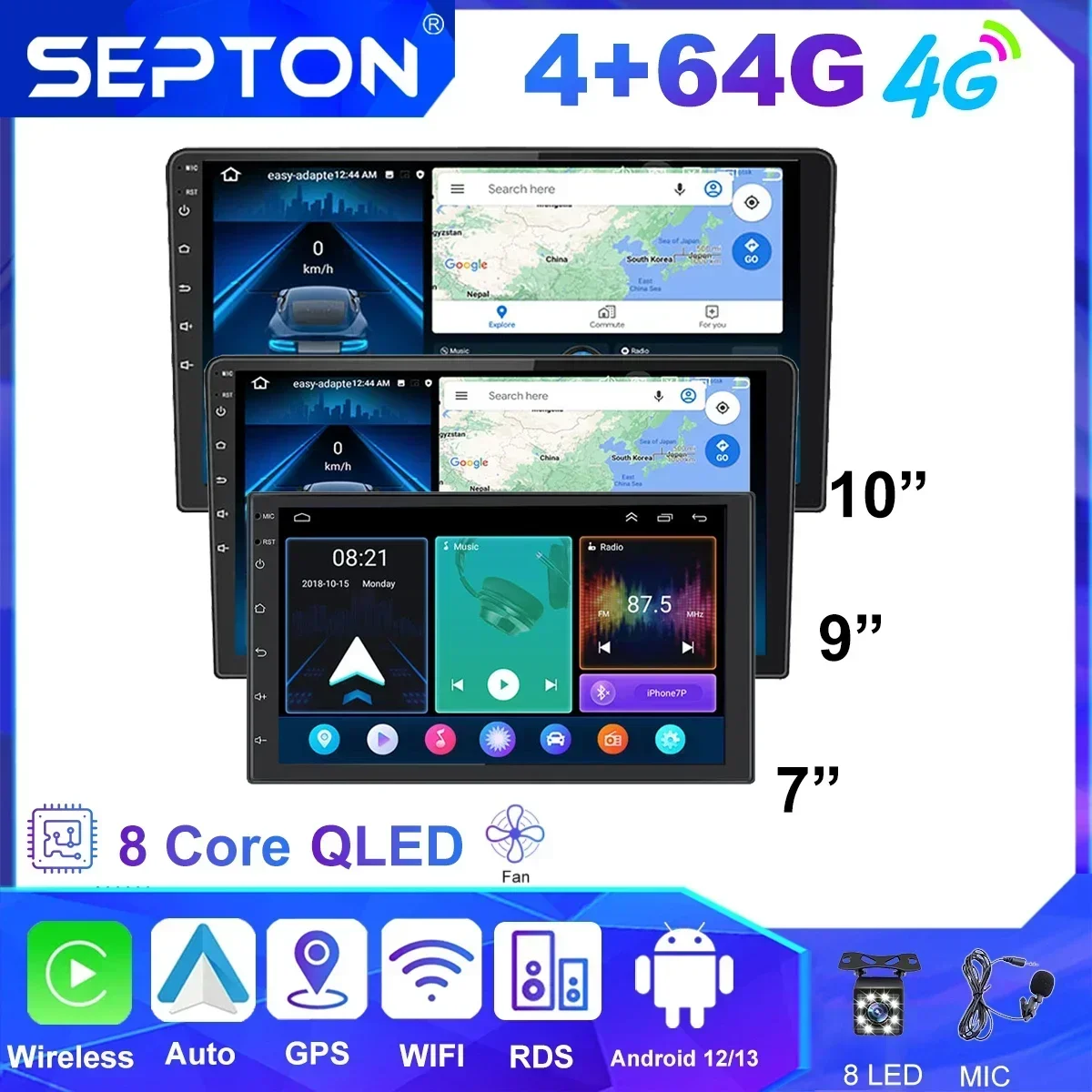 

SEPTON 7"/9"/10" Universal Car Radio Android 12 Autoradio Carplay GPS 2 Din Automotive Multimedia Player Car Intelligent Systems