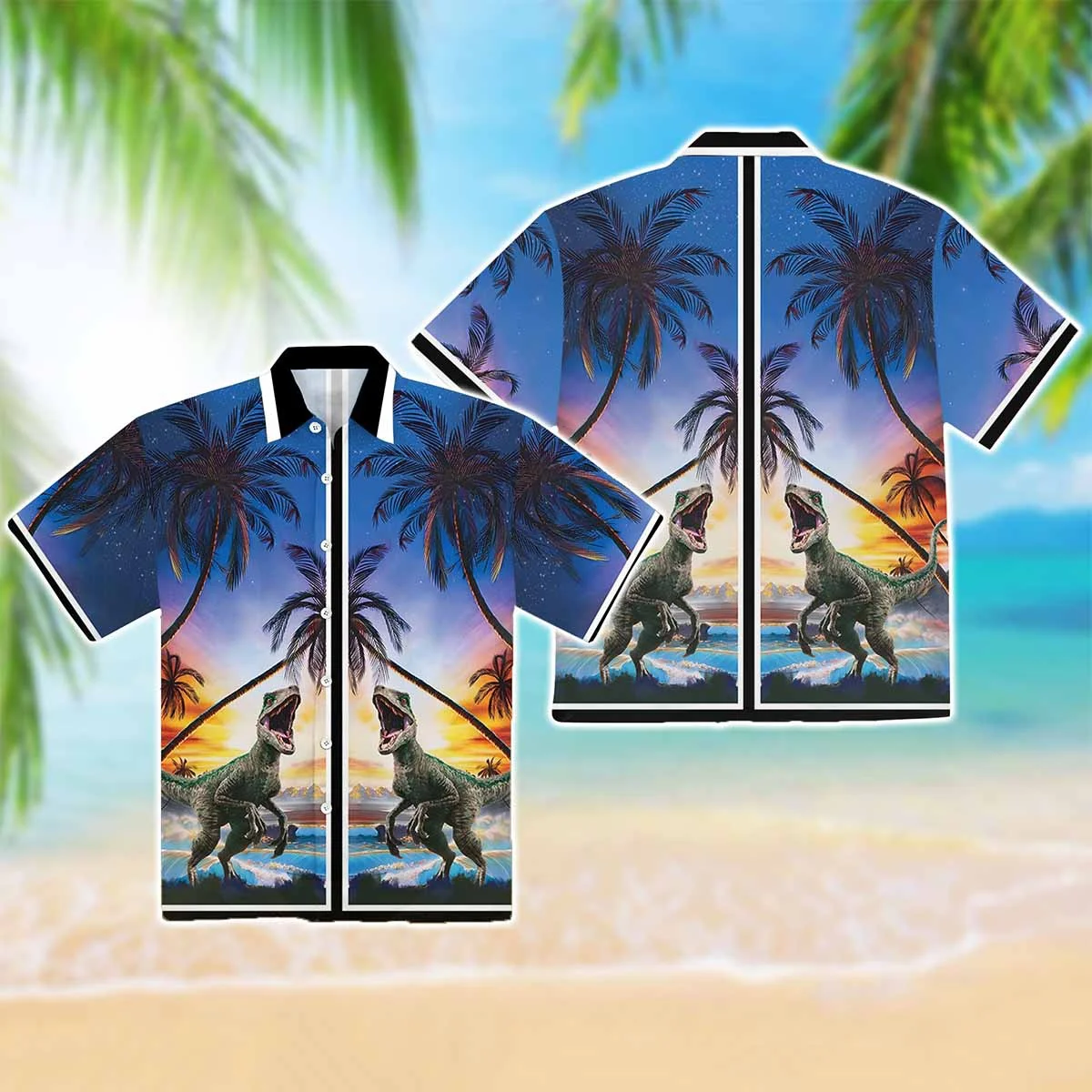 Hawaiian Shirts for Men Velociraptor Shirts Dinosaur Print Summer Casual Button Up Hawaii Shirts