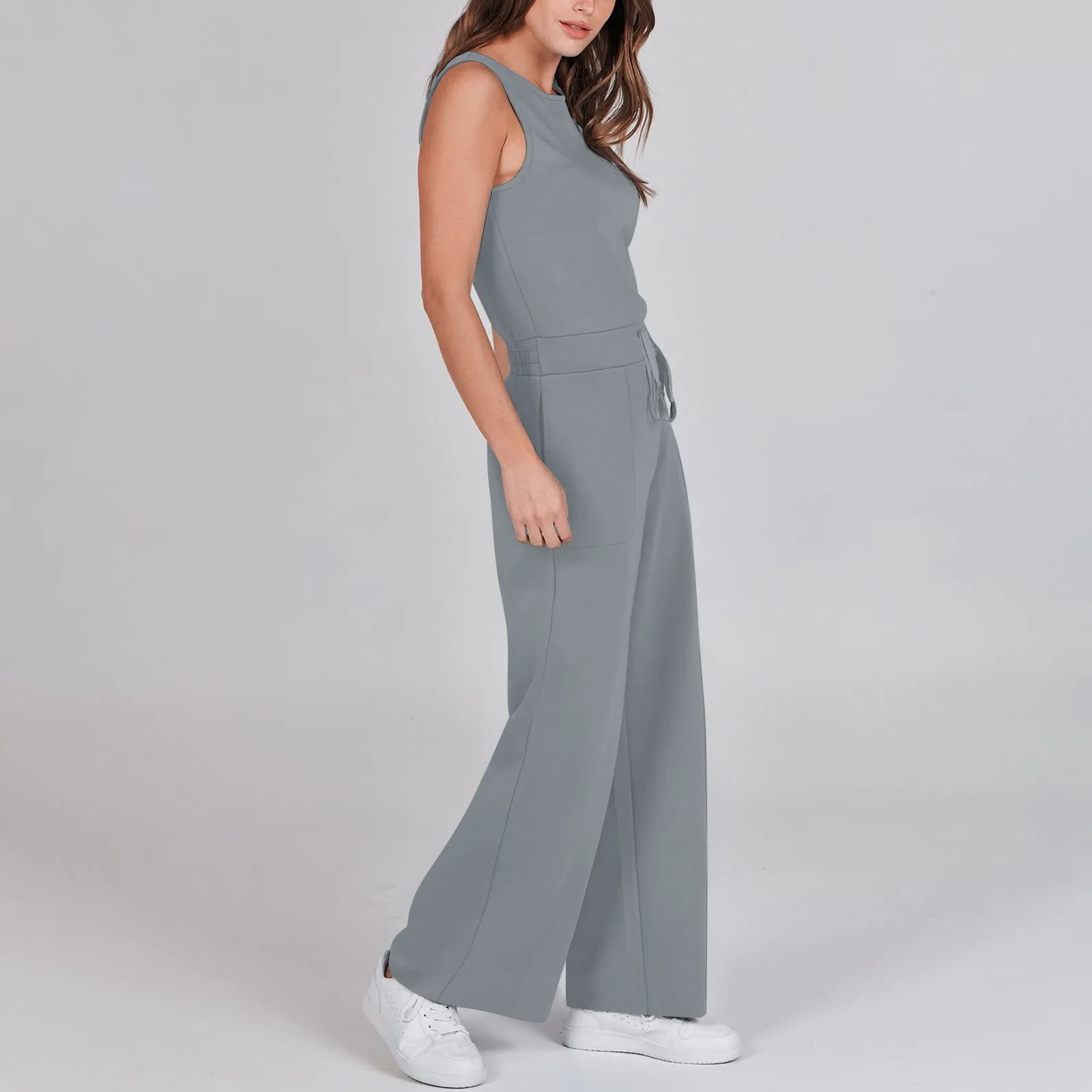 Frauen Tank Stram pler lässig vielseitig ärmellose solide Pendel Straight Tube Overalls Kordel zug Taille passende Overalls