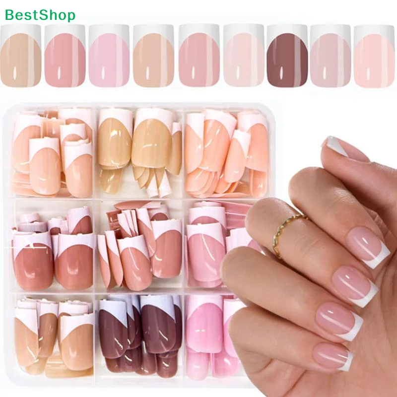 〔R〕Quadratische French-Tip-Kunstnägel, mittellange, hautfarbene, rosafarbene Kunstnägel mit weißen Spitzen für DIY-Maniküre (14 Größen)