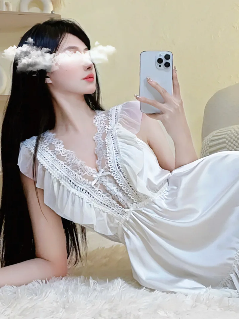 Sweet Girls' Fairy Lace Nightwear V High Emotional Sexy Nightwear Sex Dress Elegant White Sweet Mini Dress 2023 New Fashion F3KT
