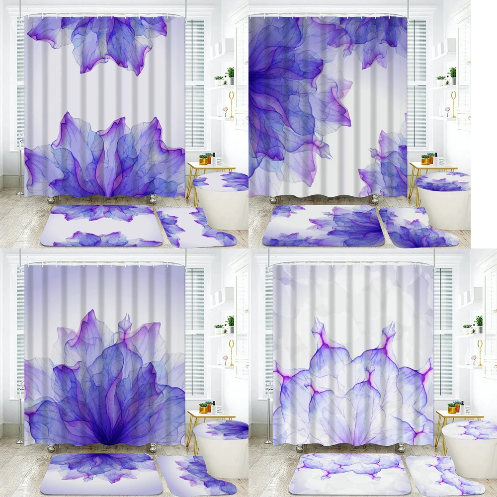 

Purple Flowers Print Shower Curtains with Hooks Bathroom Mat Set Anti-slip Soft Bath Carpet Rug Lover Valentines Home Decoration