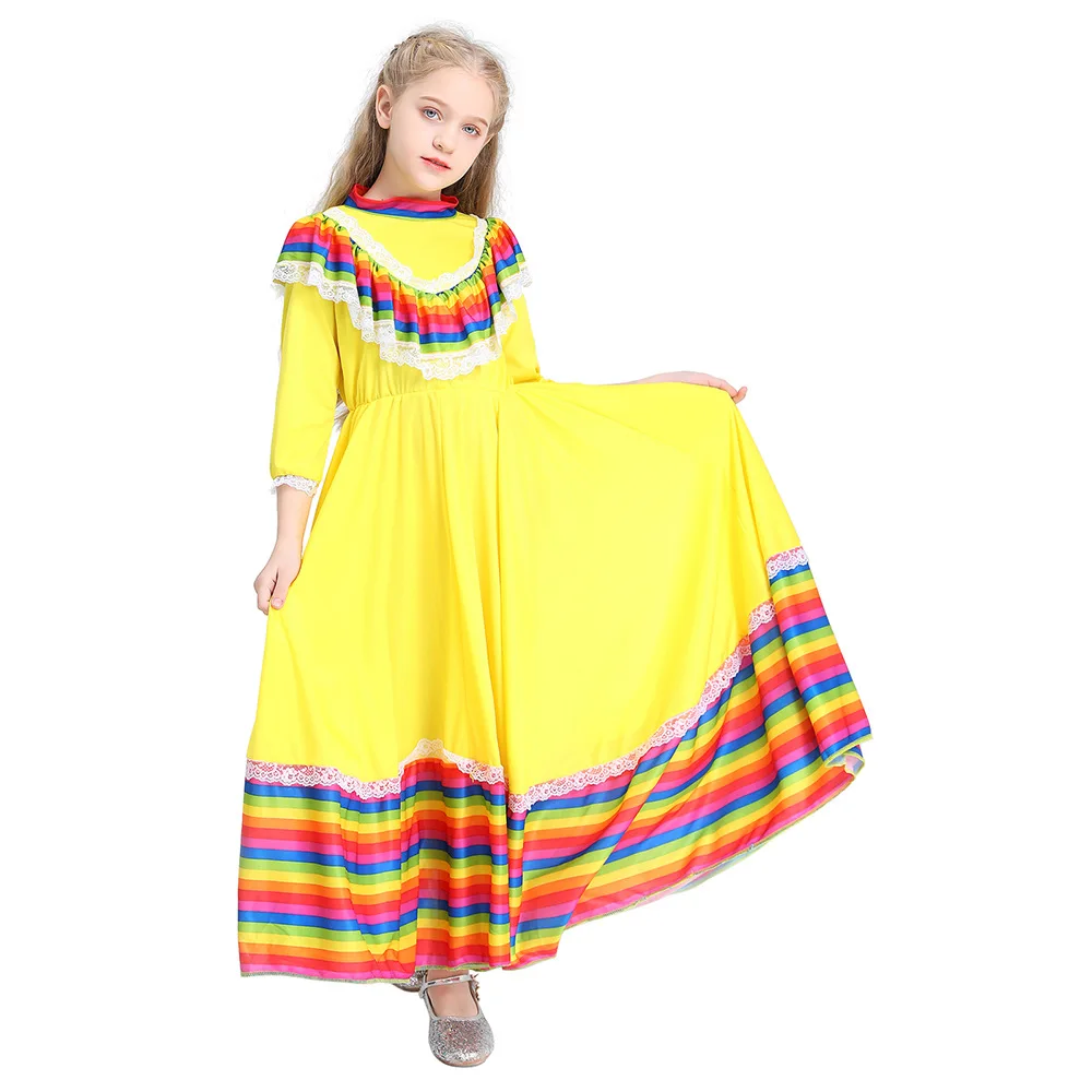 

Mexican Girls Ethnic Dancing Dress Halloween Cosplay Costume Traditional Dress Gypsy Flamenco Dance Day of Dead Carnival Skirts