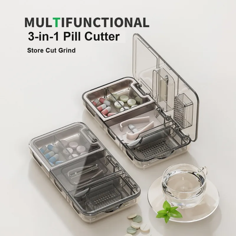 3-in-1 Multifunctional Pill Cutter and Pill Box Portable with Tablet Slicing Grinding and Storage Functions