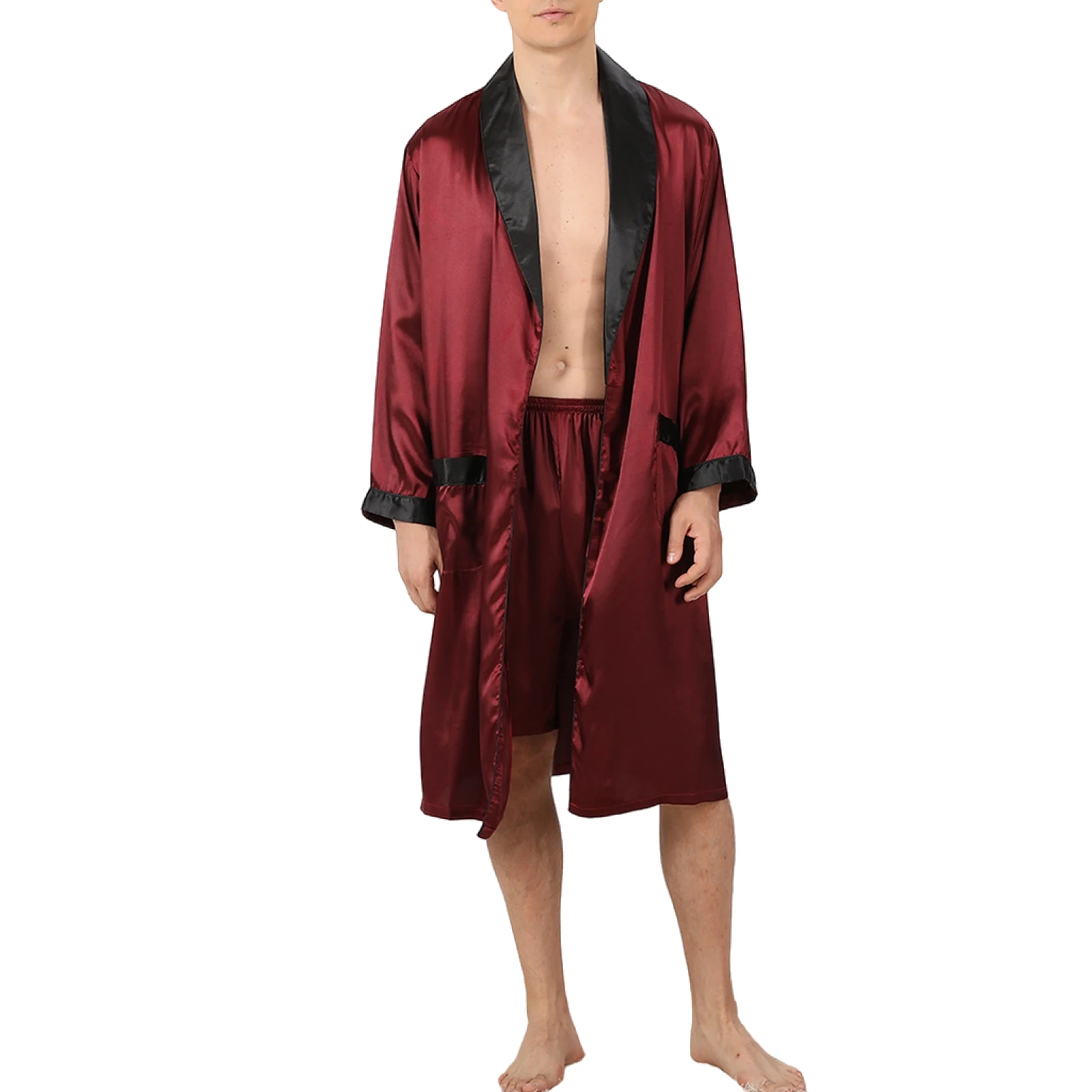 Douhoow Men Pajama Set Summer Male Long Sleeve Open Front Robe with Shorts and Belt Sleepwear Loungewear