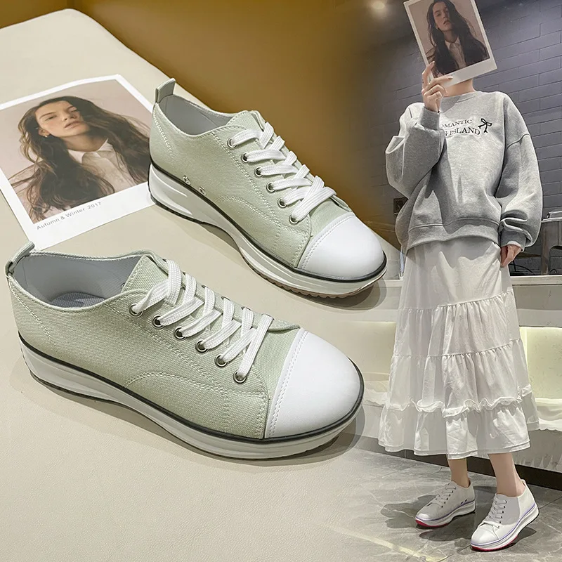 

2025 Plus Size Women's Platform Canvas Shoes, Fashion Lace-Up Slip On Sneakers with Chunky Flat Sole, Low Top Casual Shoes