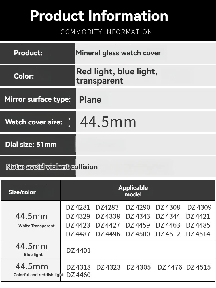 Espelho de relógio resistente a arranhões para diesel dz 4476 4515 4401 vidro mineral vermelho polarizado luz azul acessórios de espelho de relógio plano