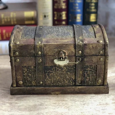 Antique and old, golden treasure chest, pirate box, wooden wooden box with lock, retro storage old storage box view 2
