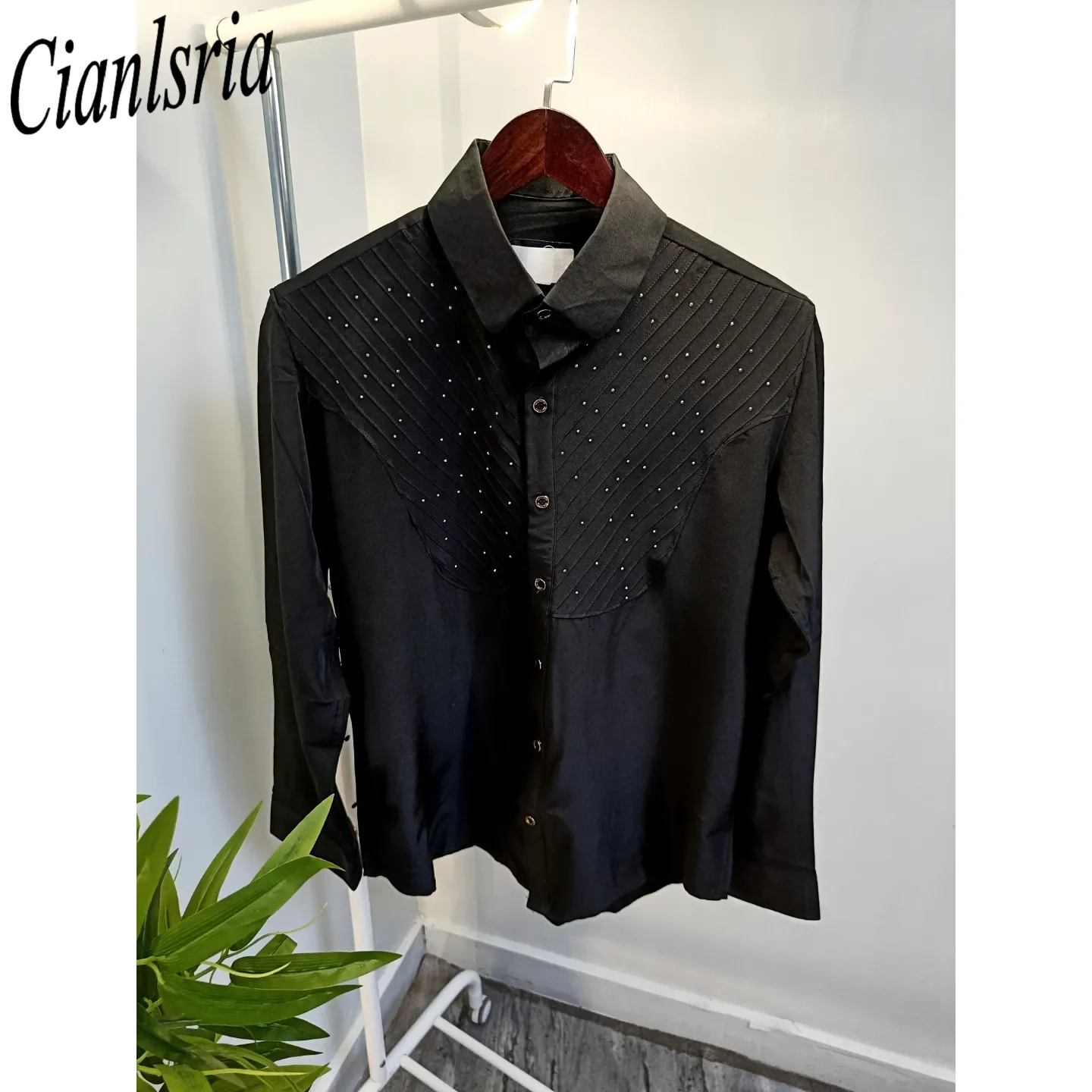남성용 고급 라인스톤 주름 장식 긴소매 셔츠, 라펠 칼 - Men Formal Party Wear Shirt 리뷰 및 가격