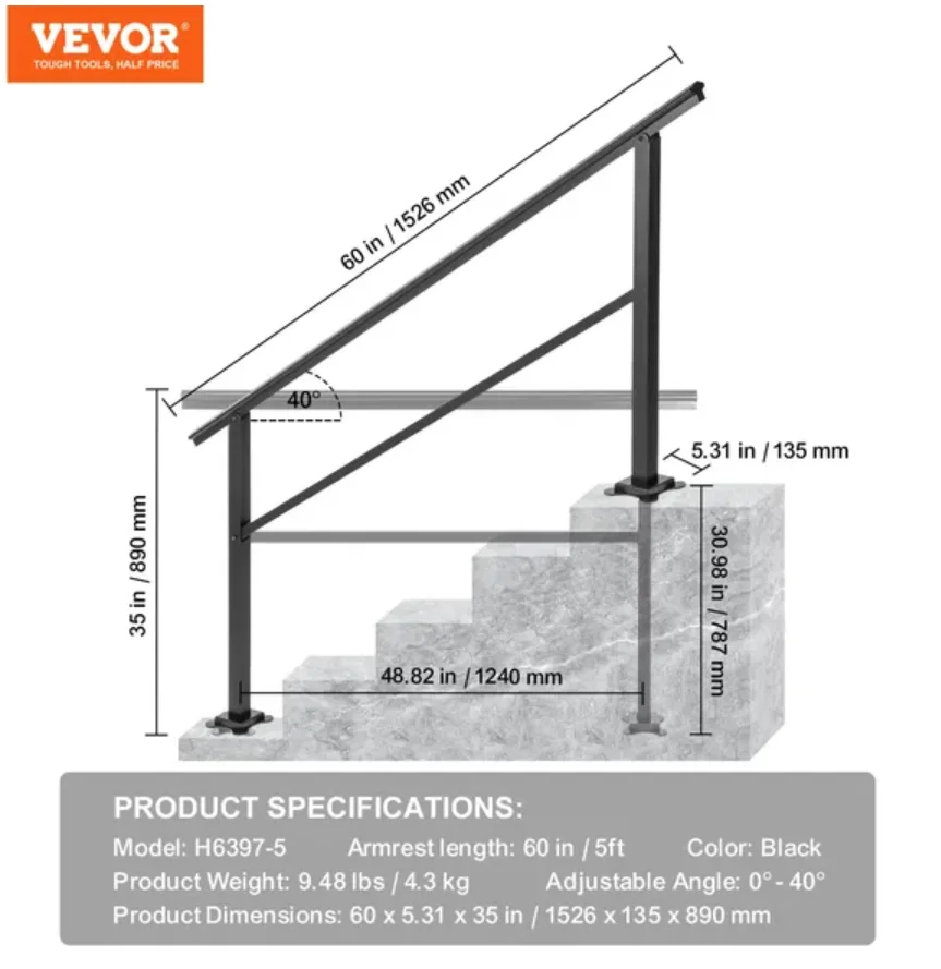 VEVOR Outdoor Handrail, 165LBS Load, Aluminum, 60x35", for 0-30° Staircases, Fits 4-5 Steps, Transitional Style, Includes Screw