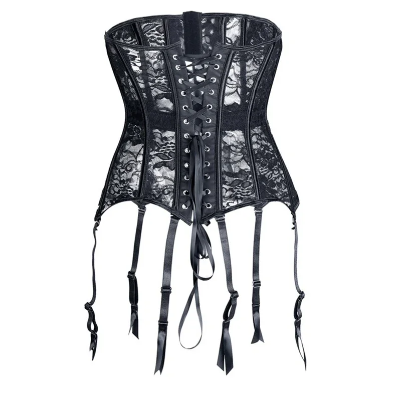 Women Black Bustiers & Corsets Sexy With Garter Belt Lace Mesh Breathable Underbust Corset Waist Trainer Slim Bustiers