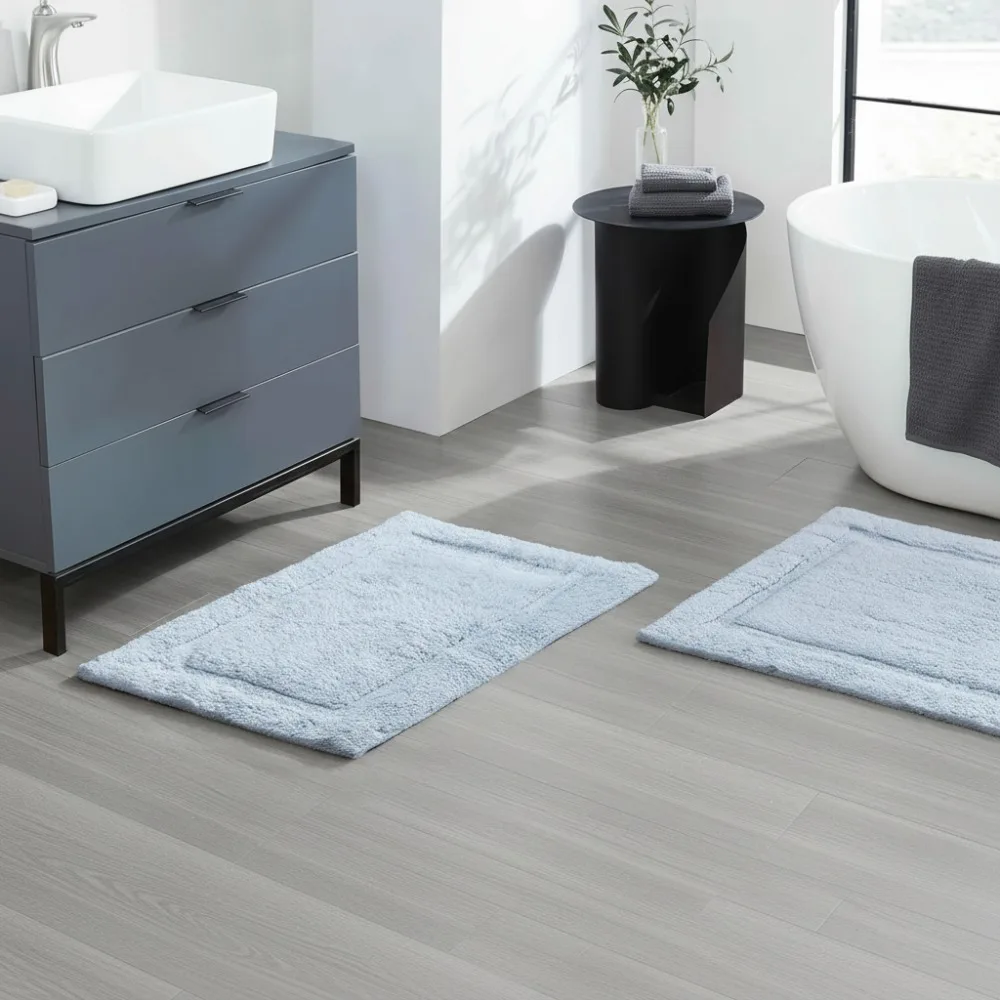 

Soft Non-Slip Cotton Bath Mat Set 2-Piece Plush Rugs for Modern Bathroom Decor Light Blue