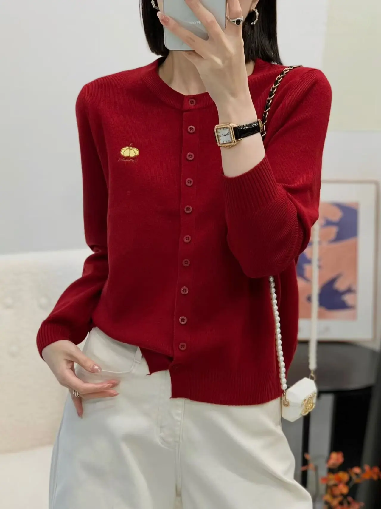 Autumn 2026 Women's Knitted Long Sleeve round Neck Buttoned Sweater Coat Embroidered Pumpkin Design Comfortable Soft Korean S...