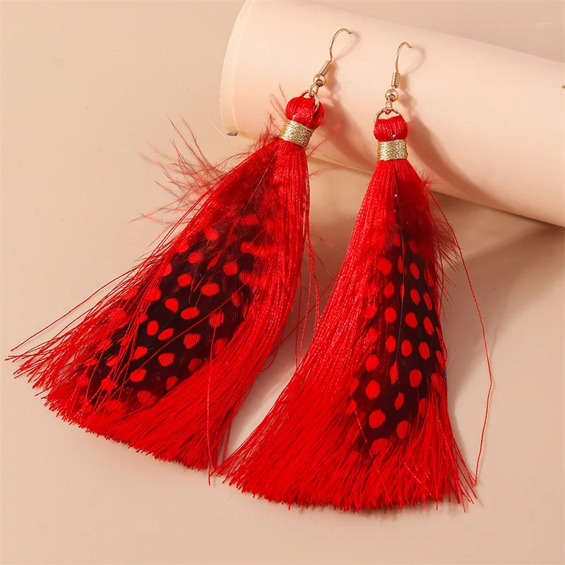 Aihua Boho lange Feder Ohrringe für Frauen schicke Huggies Zigeuner Fransen Ohrringe handgemachte Aussage Schmuck Geschenke – Detail 11