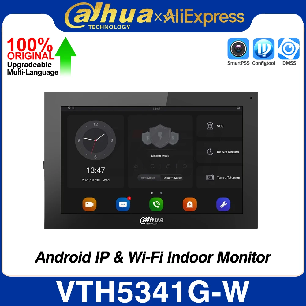 Dahua VTH5341G-W Android 10-inch 1024*600 Touch Screen Digital WIFI PoE IP Indoor Monitor 2-Way Audio Intercom RS-485 Alarm I/O