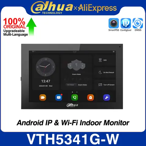 Dahua VTH5341G-W 안드로이드 10 인치 1024*600 터치 스크린, 디지털 와이파이 PoE IP 실내 모니터, 양방향 오디오 인터콤 RS-485 알람 I/O