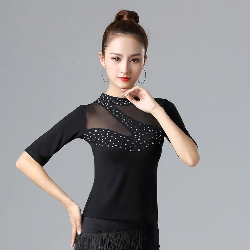 Women Latin Ballroom Blouses Dance Performance Wear Rhinestone Tops Waltz Standard Modern Blouses Practice Long Sleeves Shirt