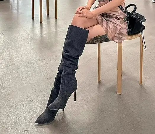 

Spring Girls Black Blue Denim Jeans Pointed Toe Pleated Loose Wide Calf Tube Slip On 75 mm Thin Heels Knee High Long Boots Shoes