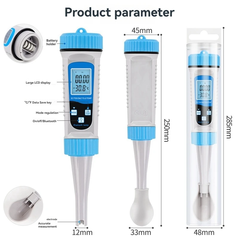 5-In-1 Bluetooth Water Quality Tester TDS, PH, Salinity, Temp, EC Meter For Hydroponics, Aquariums, Pools
