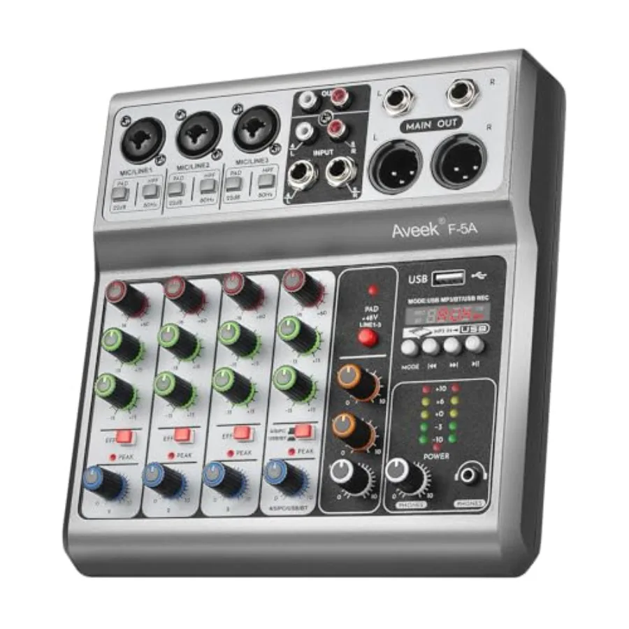 

Professional Audio Mixer Sound Board Mixing Console with 5 Channel Digital USB Bluetooth Echo Delay Effect Input 48V Phantom Po
