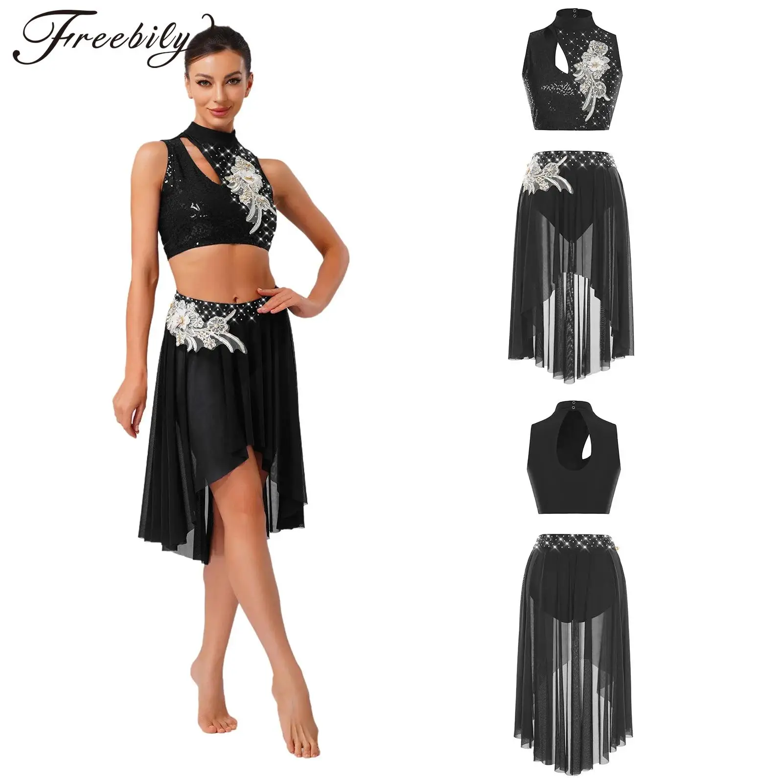 

Женский блестящий аппликация, лирический современный танцевальный наряд, укороченный топ с прозрачной сетчатой трико, юбка, костюм для фигурного катания на сцене