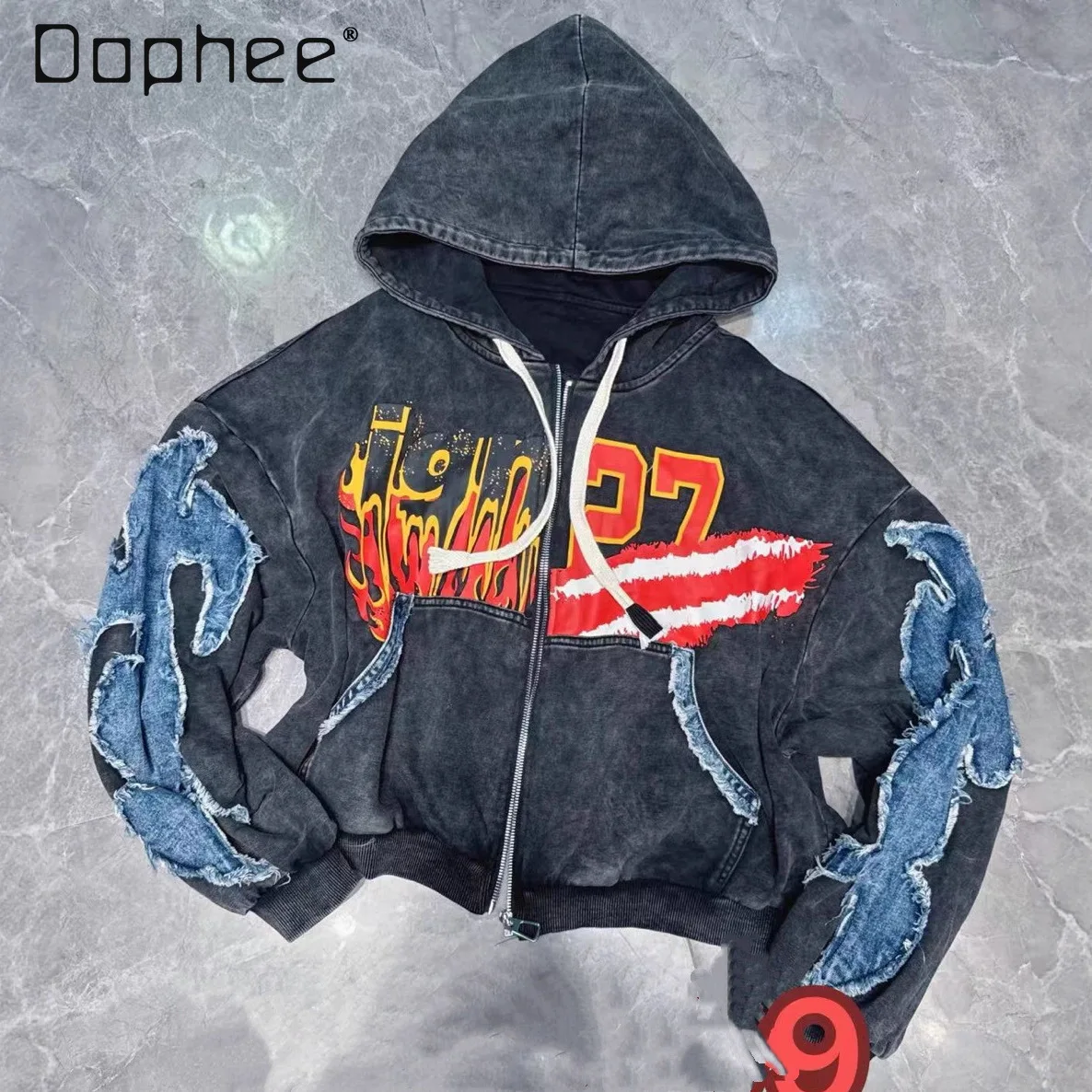 

European Style Sweatshirt Cardigan 2026 Spring New Personalized Graffiti Letter Print Patchwork Denim Jacket Coat Hoodies Women