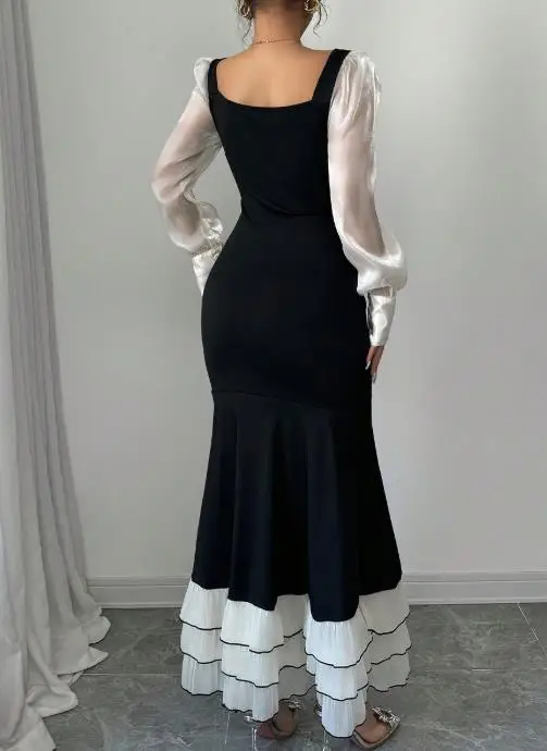 

Evening Dresses Contrasting Elegant Slim Long Sleeve Dress for Women Daily High Waist Women's Fashion Sexy Mermaid Party Dresses