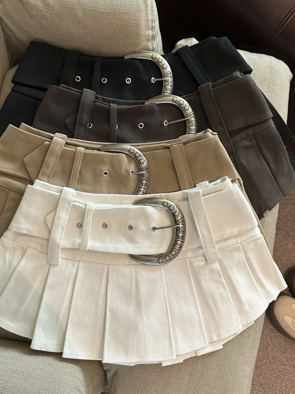 Retro Khaki Pleated  Skirt Women's Summer New Style Slimming Versatile Spicy Girl Commute Anti-Light A-Line Short Skirt