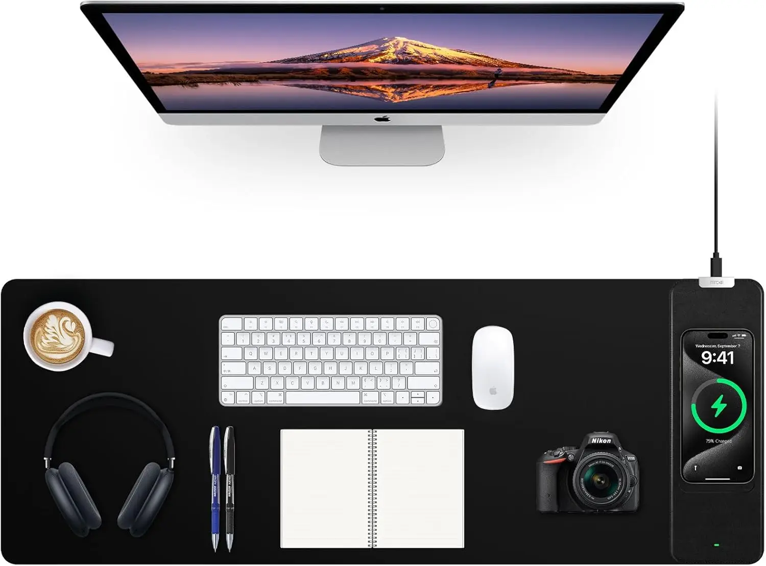 Mouse Pad with Wireless Charging, Black Mousepad Long Desk Mat, Large Gaming Mouse Pad, Soft Mouse Pad Gaming Desk Pad