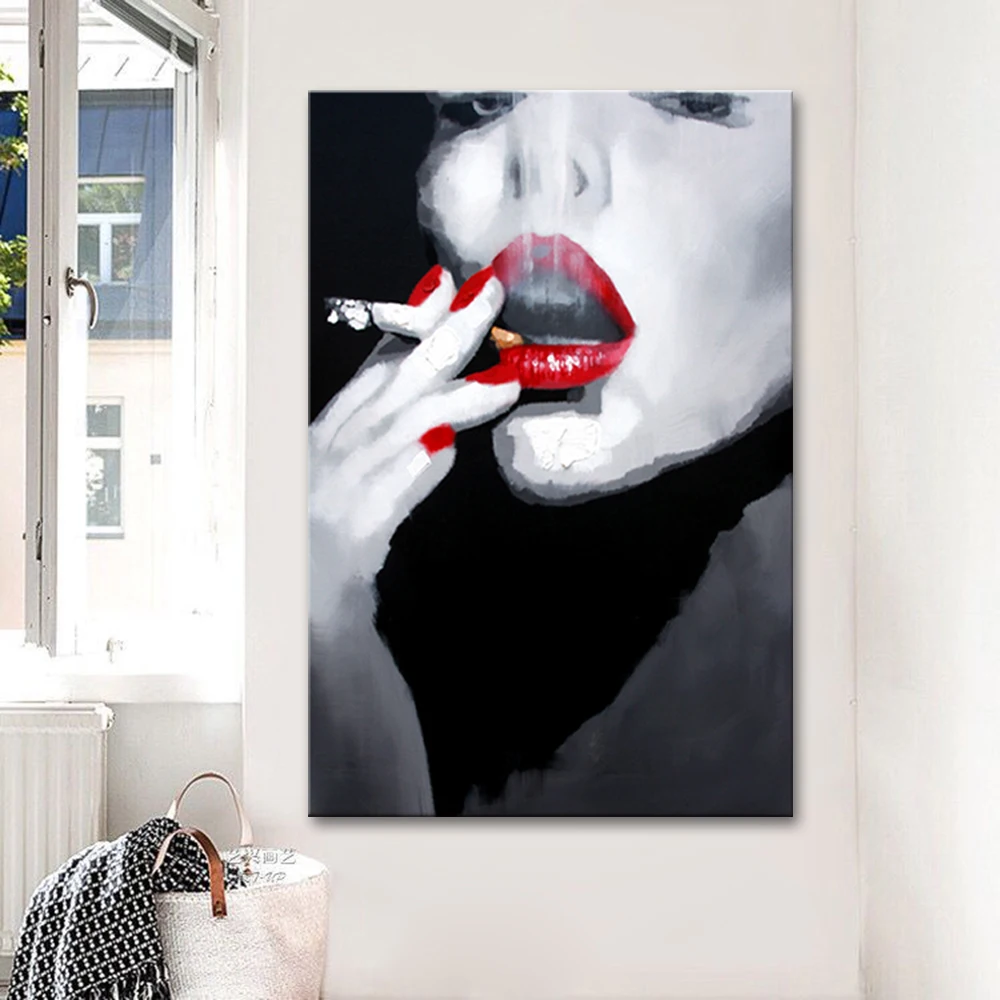 Arthyx Handpainted Modern Abstract Sexy Smoking Red Lips Oil Painting on Canvas,Wall Art,Picture For Living Room,Home Decoration