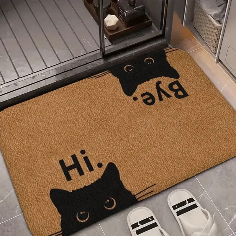 VIKAMA Doormat With ‘Hi’ And ‘Bye’ Text Adorable Black Cat Face Door Mat Machine Washable And Easy To Clean Home Decoration view 3
