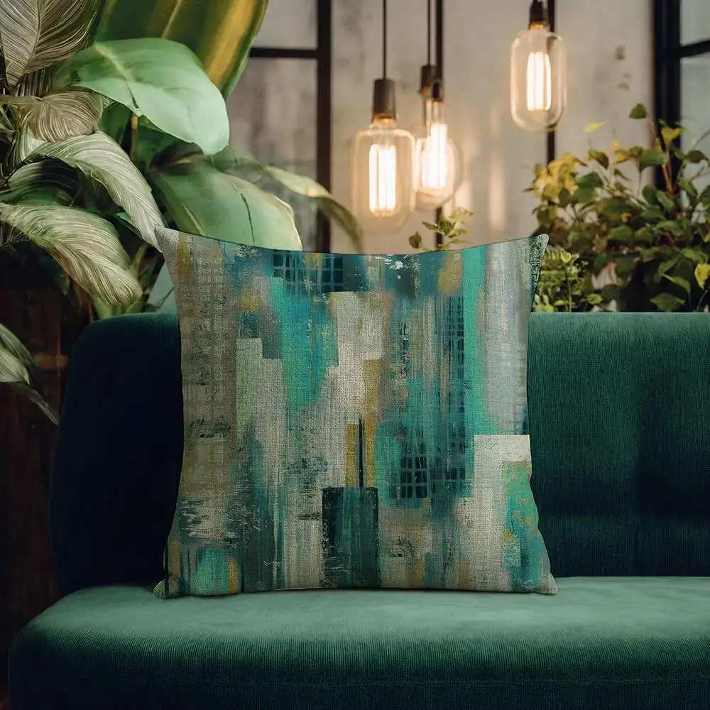 Art Textured Muted Abstract Blocks Cushion Cover Natural Linen Pillowcase Set Cushion Cover for Sofa Bedroom Chair