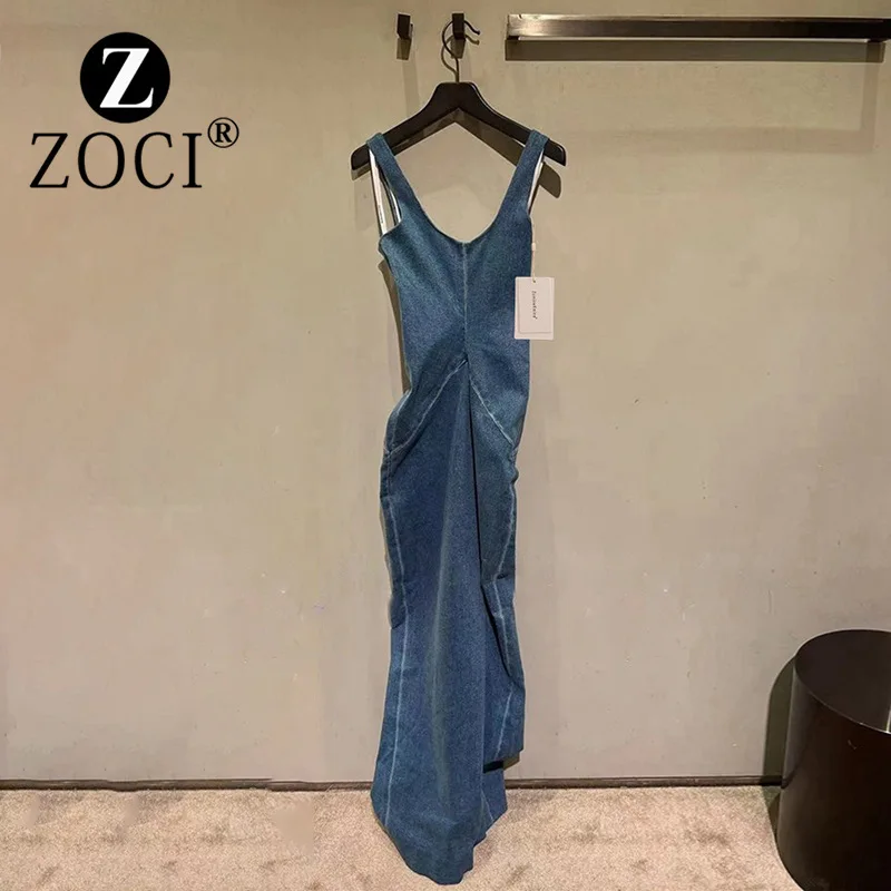 [zoci] Women Crowd 2022 Autumn Style Slit Waist Slim Long Sexy Senior Sense Denim Sling Dress Trend New