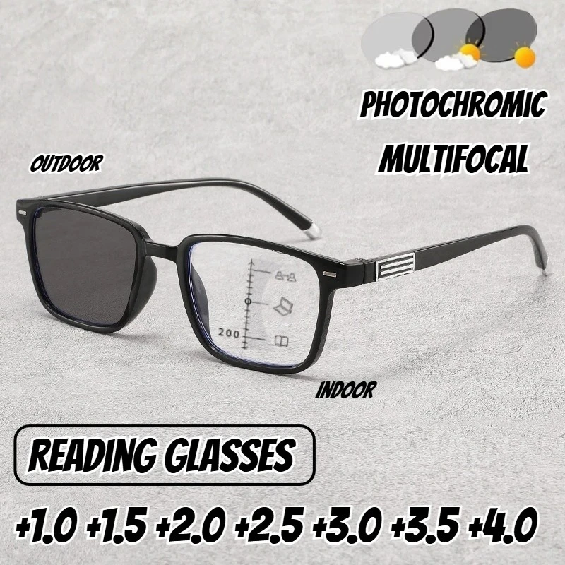 

Classic Square Frame Photochromic Reading Glasses Unisex Fashionable High-Definition Blue Light Blocking Presbyopia Glasses +4.0