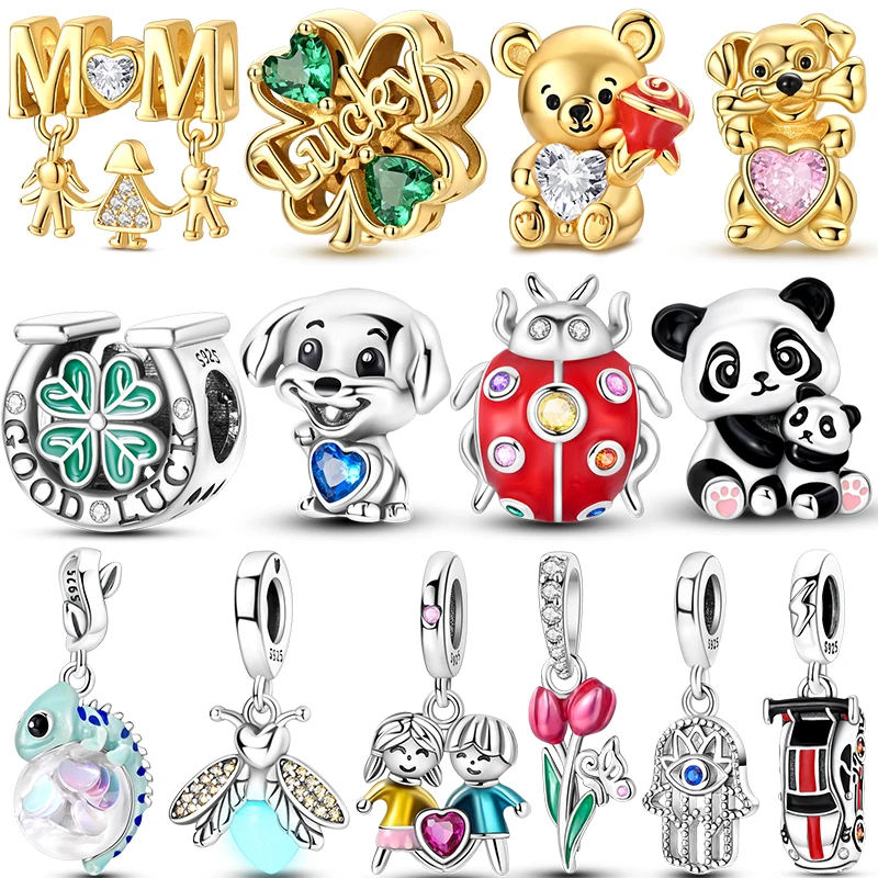 S925 Silver Charms Hypoallergenic Fit Snake Bracelet MOM Clover Bear Panda Dog Ladybug Zircon Beads Jewelry Gift For Women Girls