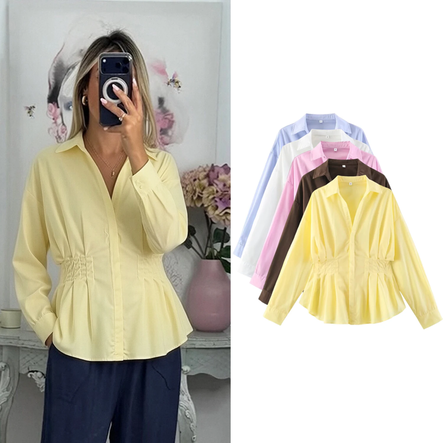 Elegante Damenblusen, einfarbig, Frühling, tailliert, plissiert, einreihig, lange Ärmel, lässige Streetwear-Oberteile