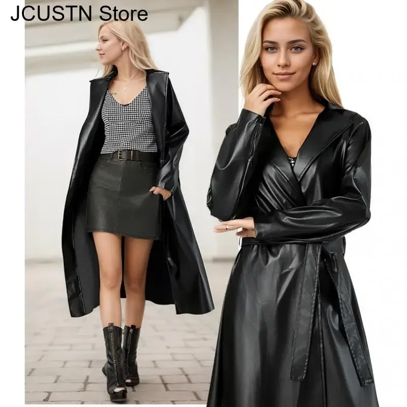 Long Faux Pu Leather Trench Coat Women Black Lapel Loose Fit Fall Stylish Jackets Casual Elegant Y2K Maxi Loose Windbreak