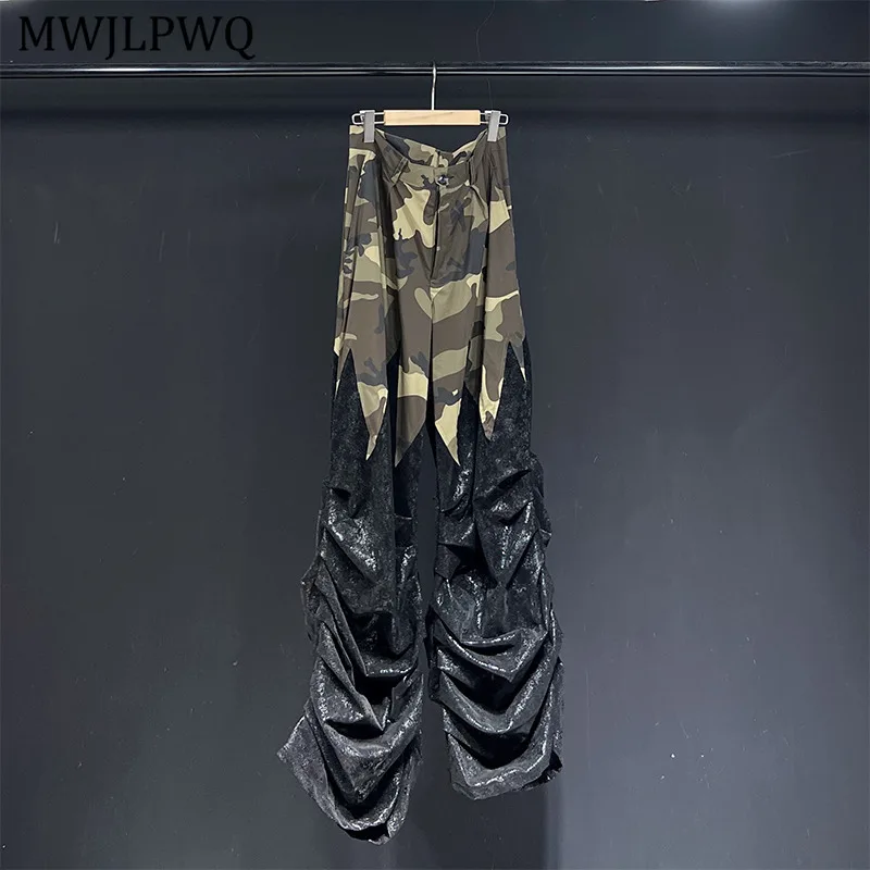 

MWJLPWQ Snake Pattern Pleated Niched Design Flared Pants Autumn Male 2025 New Loose Casual Trousers Spliced Leather Bottom 11098