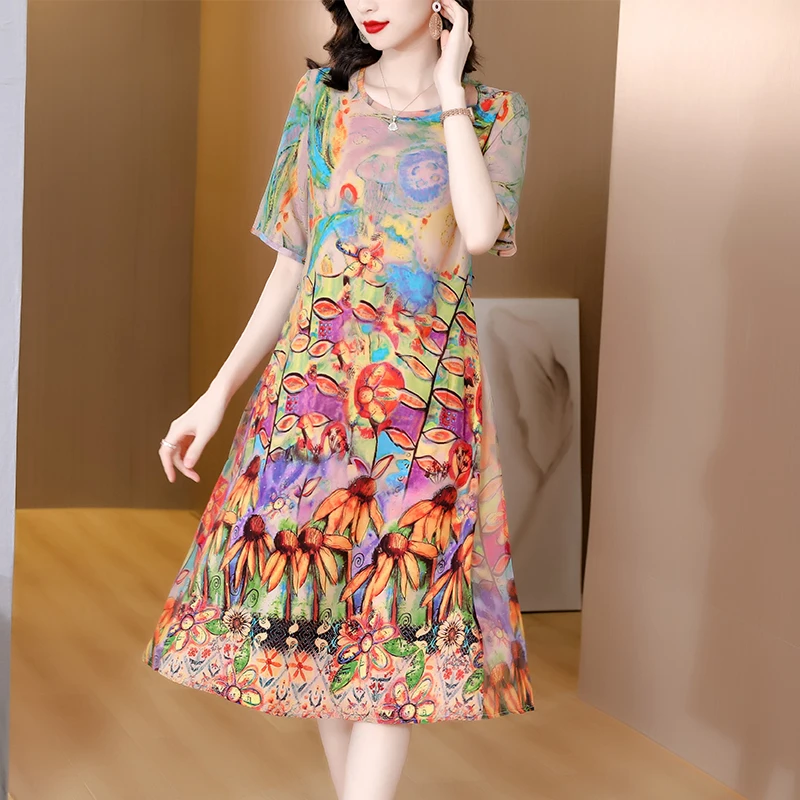 

Spring Summer Floral Silk O-Neck Midi Dress Women Fashion Light Casual Dress Korean Vintage Elegant Bodycon Dresses