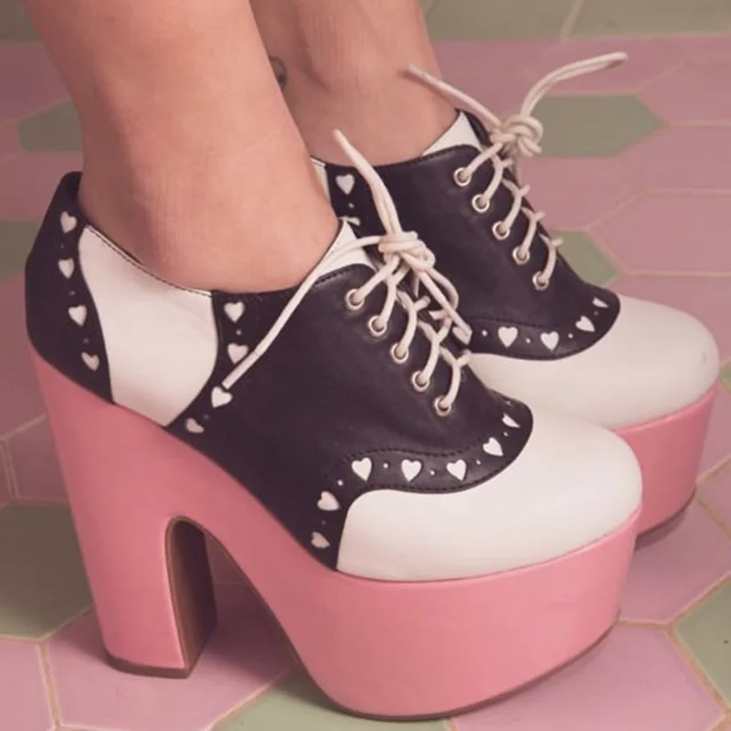 블랙 레이스업 얕은 플랫폼 펌프스 청키 힐 라운드 토 패션 쿨 섹시 2025 여름 큰 사이즈 여성 신발