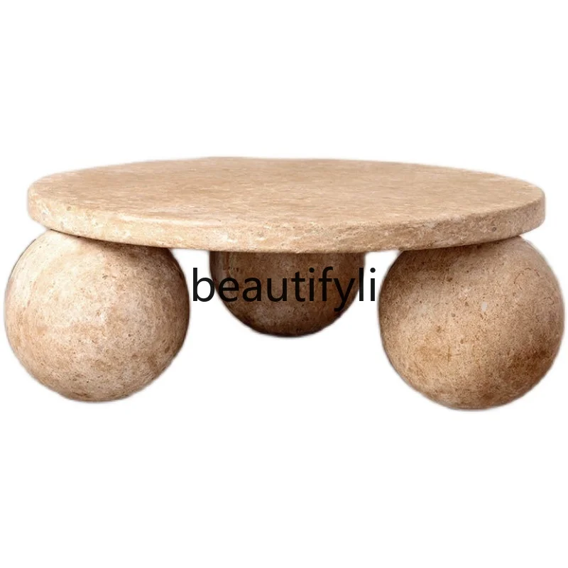 Natural travertine spherical coffee table wabi-sabi style retro table