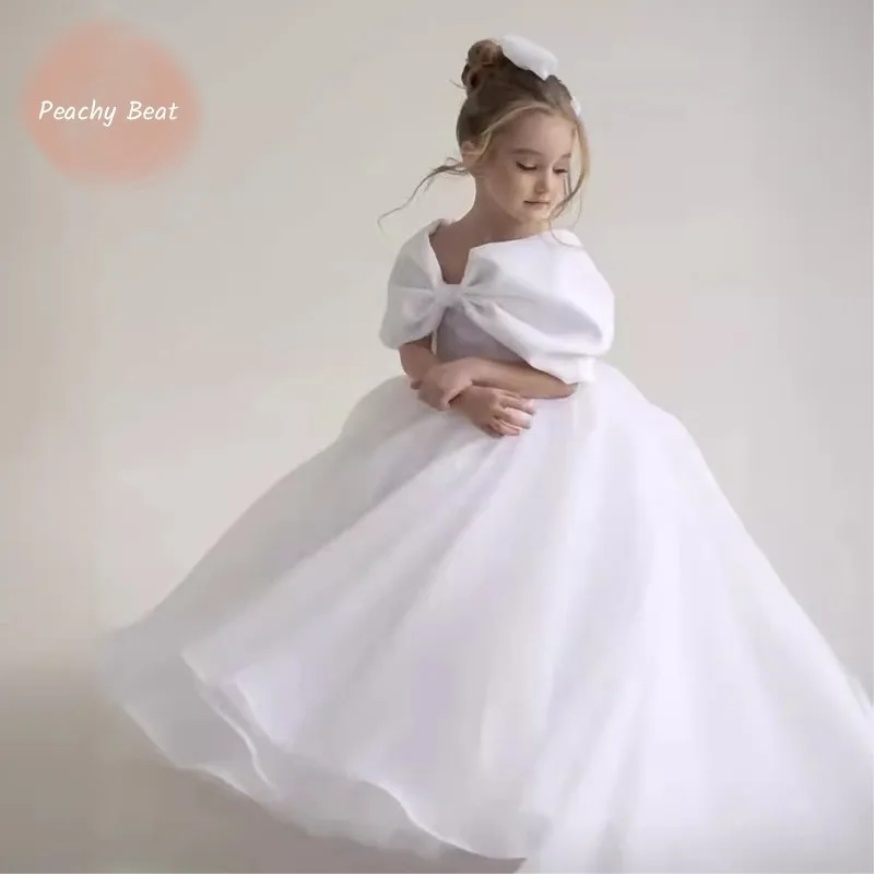 Baby Girl Princess Big Bow Long Dress White Toddler Child Elegant Shoulderless Vestido Wedding Birthday Party Baby Clothes 2-14Y