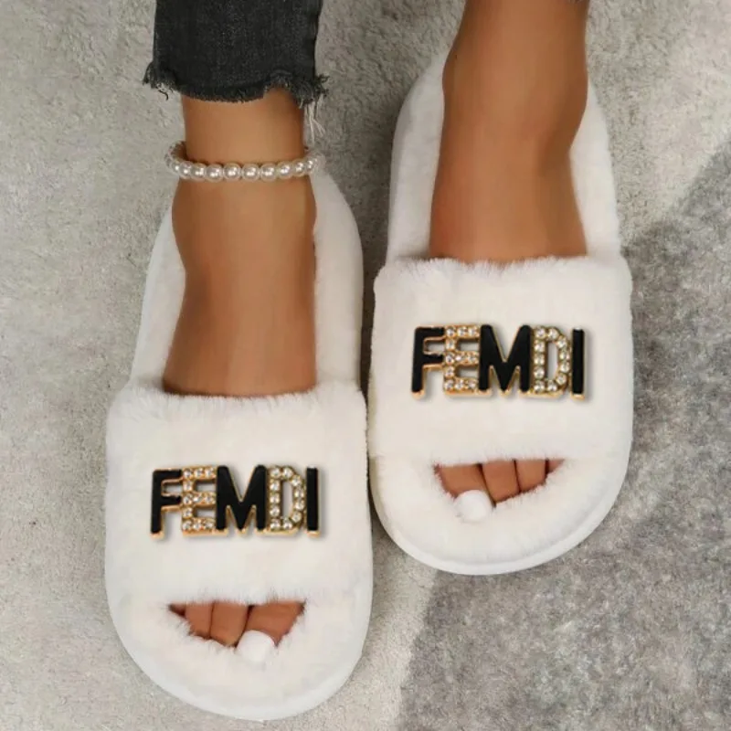 Fashion Luxury Design Home Slippers Women Solid Color Open Toe Indoor 2023 Winter Flat Non-slip Leisure Interior Female Shoes