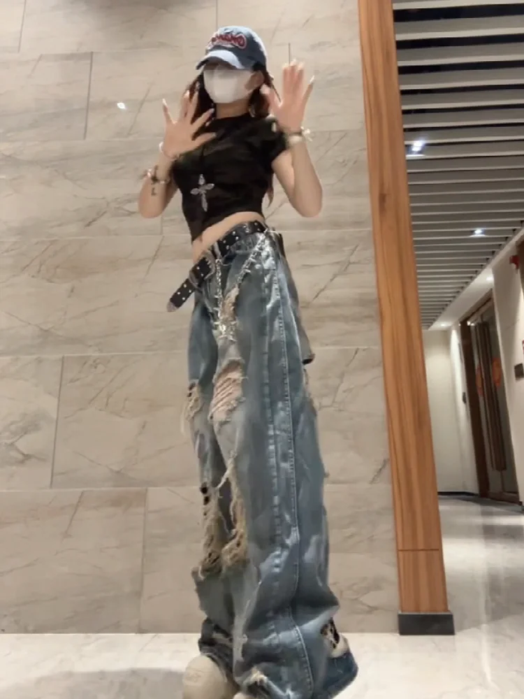 Sweet Cool Dirty American Style High Waist Straight Leg Wide Leg Jeans Women Summer Washed Hole Loose Fit Casual Denim Pants