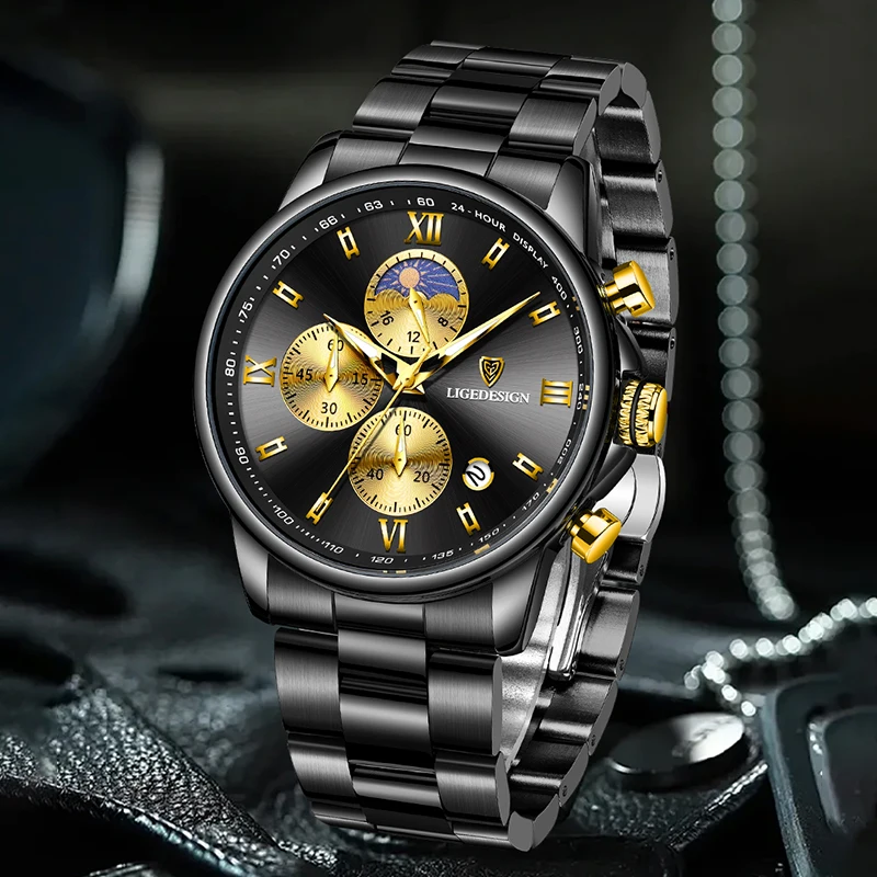 

LIGE модные роскошные кварцевые мужские часы деловые высококачественные часы из нержавеющей стали с календарем фазы Луны водонепроницаемые светящиеся мужские часы