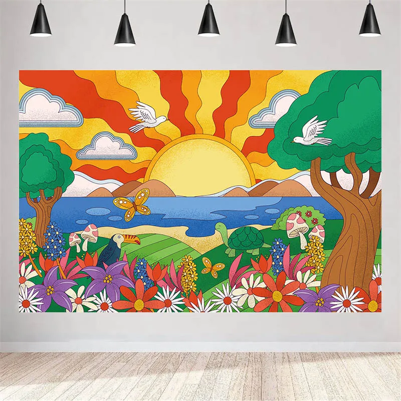 

Nature Psychedelic Vivid Landscape Background Cloth Cartoon Animal Backdrop For Party Wall Decoration Polyester Room Backcloth
