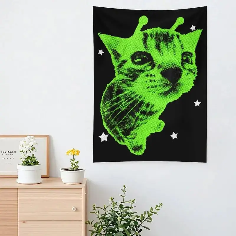 VIKAMA Green Blacklight Alien Cat Stars Decorative Wall Tapestry Home Art Room Decor Bedroom Dorm UV Trippy Cool Soft Durable