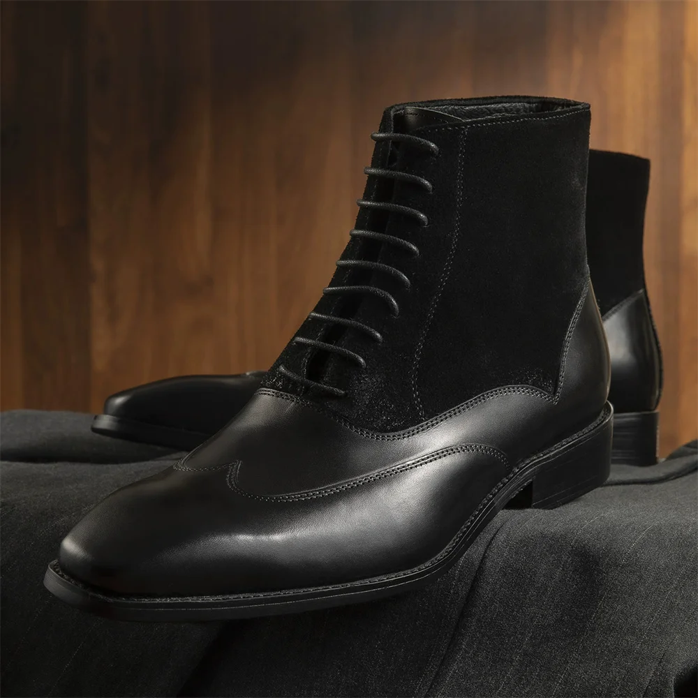 

British Retro Patchwork Real Leather Men Boot Luxury Business Square Toe Lace Up Oxfords Shoes Handmade Casual Leather Shoes