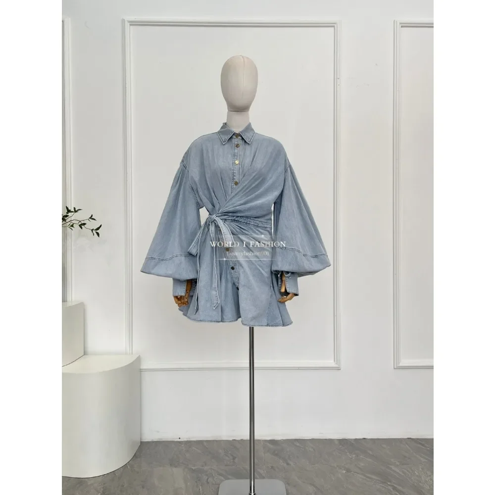 Wunderschönes 2025, langärmliges Minikleid aus blauem Denim für Damen von Dresssky, hohe Qualität für den Alltag