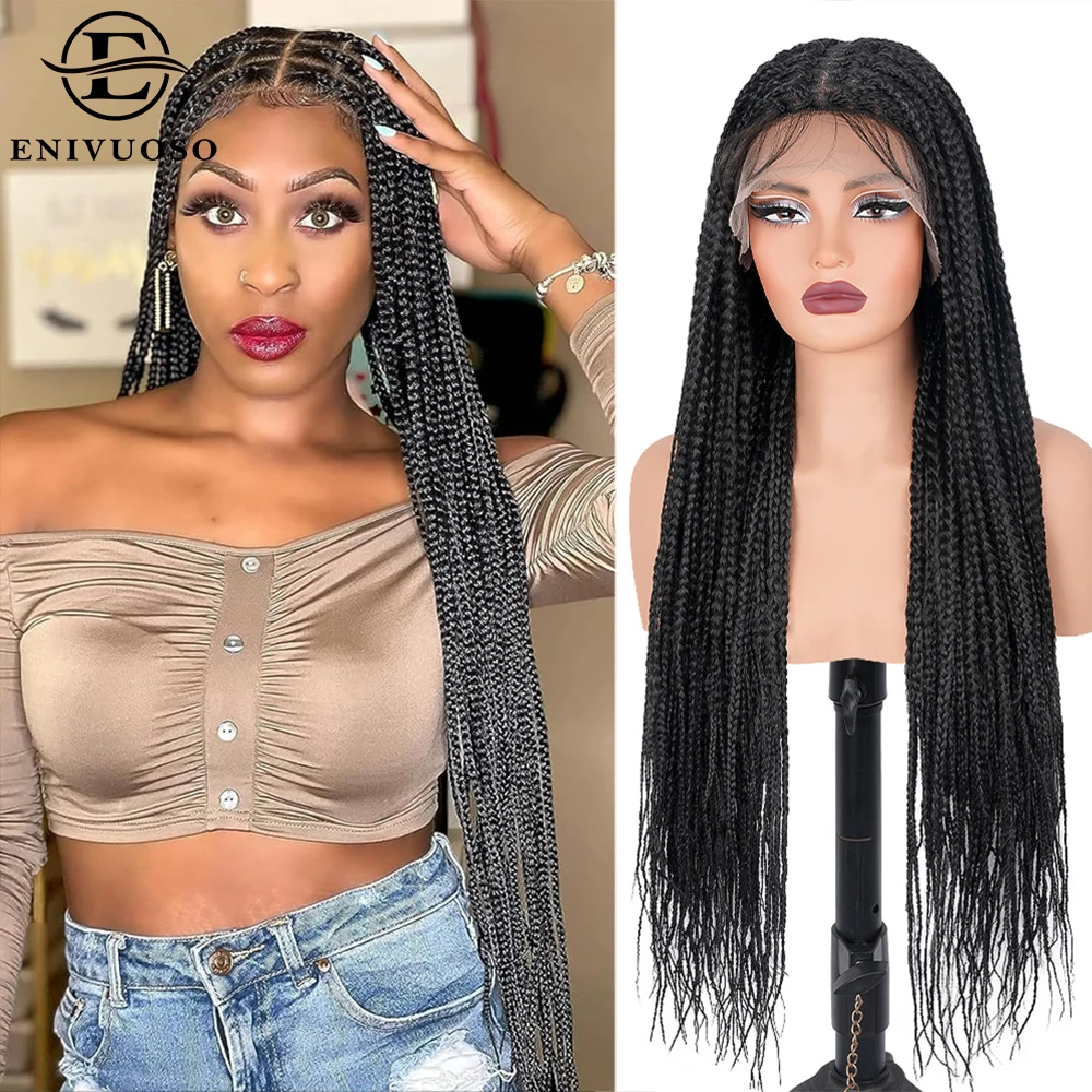 HD Full Transparent Lace Box Braid Wig Pre Plucked with Baby Hair 34 Inch Knotless Square Braided Lace Wigs for Black Women